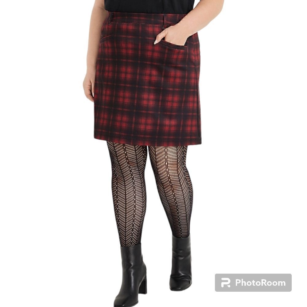 4X Plussize Red Buffalo Plaid Mini Skirt High Rise Pockets Belt loops Stretch Kn